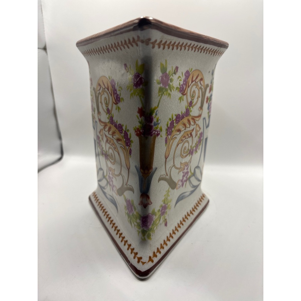 Vintage French Floral Ceramic Diamond Planter Vase Crackle Glaze Shabby Chic - Picture 4 of 6